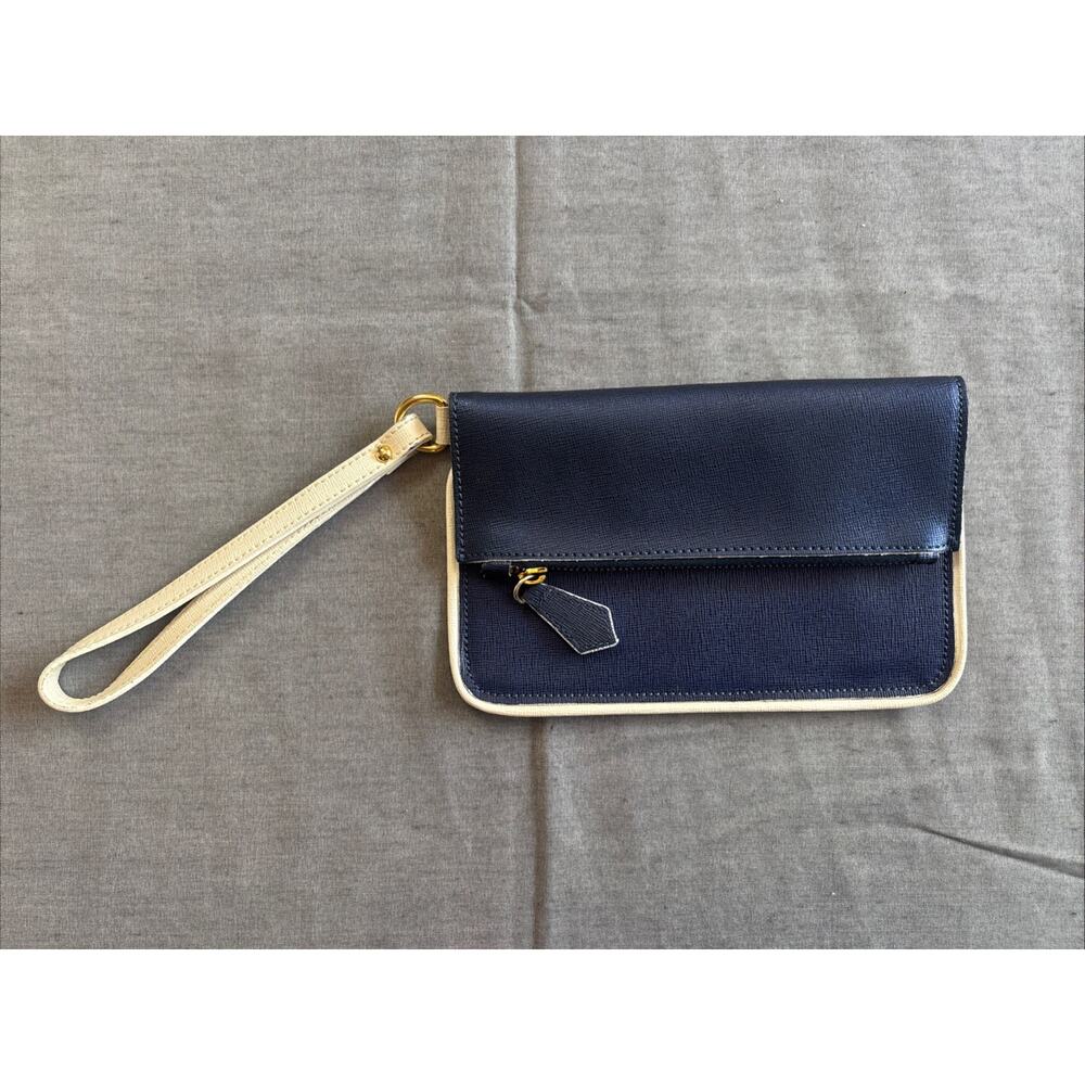 Alberta‎ Di Canio Blue Cream Leather Purse Foldover Wristlet Clutch Zip Handle